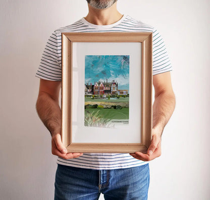 Clayesmore School art print by Vicki Shortt, the school at Iwerne Minster, Dorset, framed in a room setting
