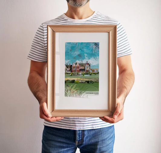 Clayesmore School art print by Vicki Shortt, the school at Iwerne Minster, Dorset, framed in a room setting
