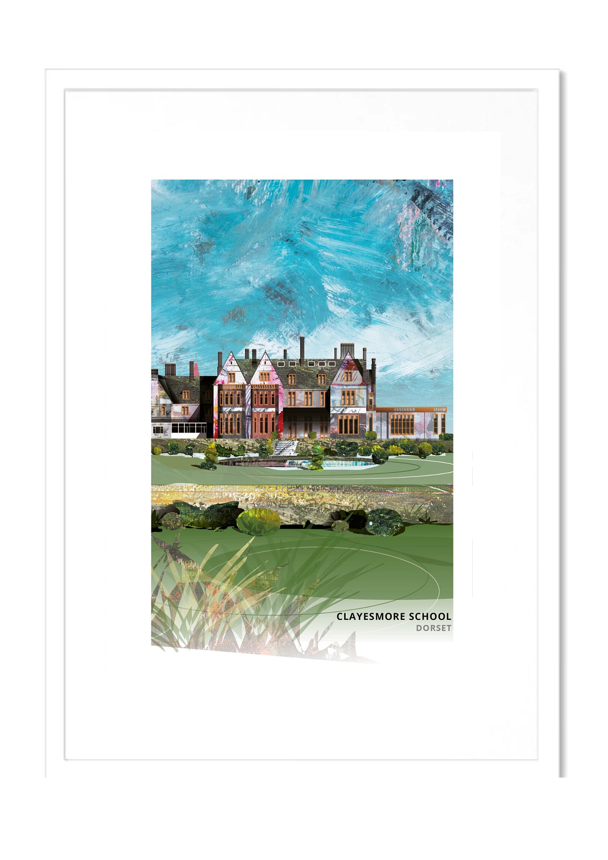 Clayesmore School art print by Vicki Shortt, the school at Iwerne Minster, Dorset, in a white frame