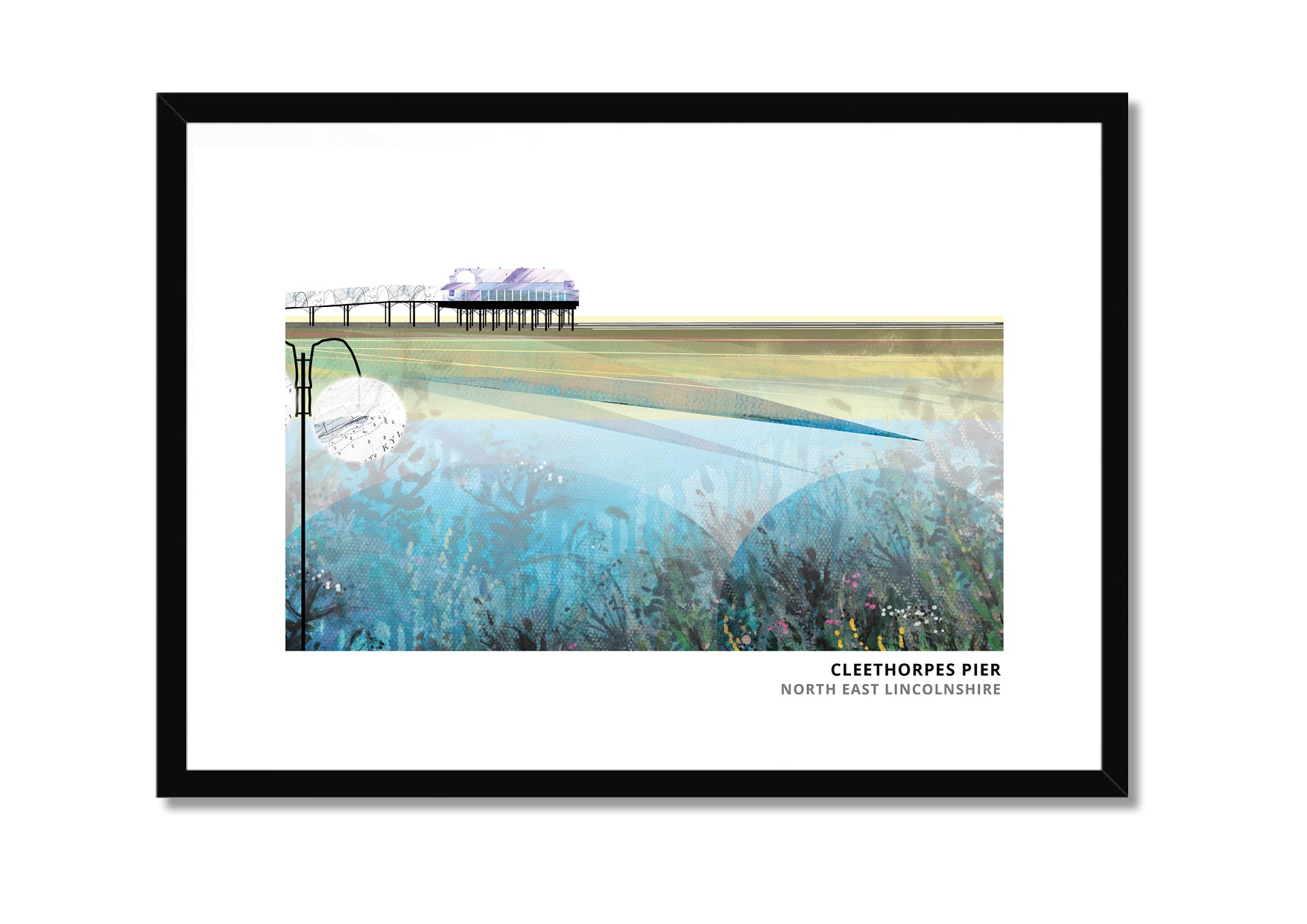 Cleethorpes Pier art print by Vicki Shortt, the pier on the seafront at Cleethorpes, North East Lincolnshire, in a black frame