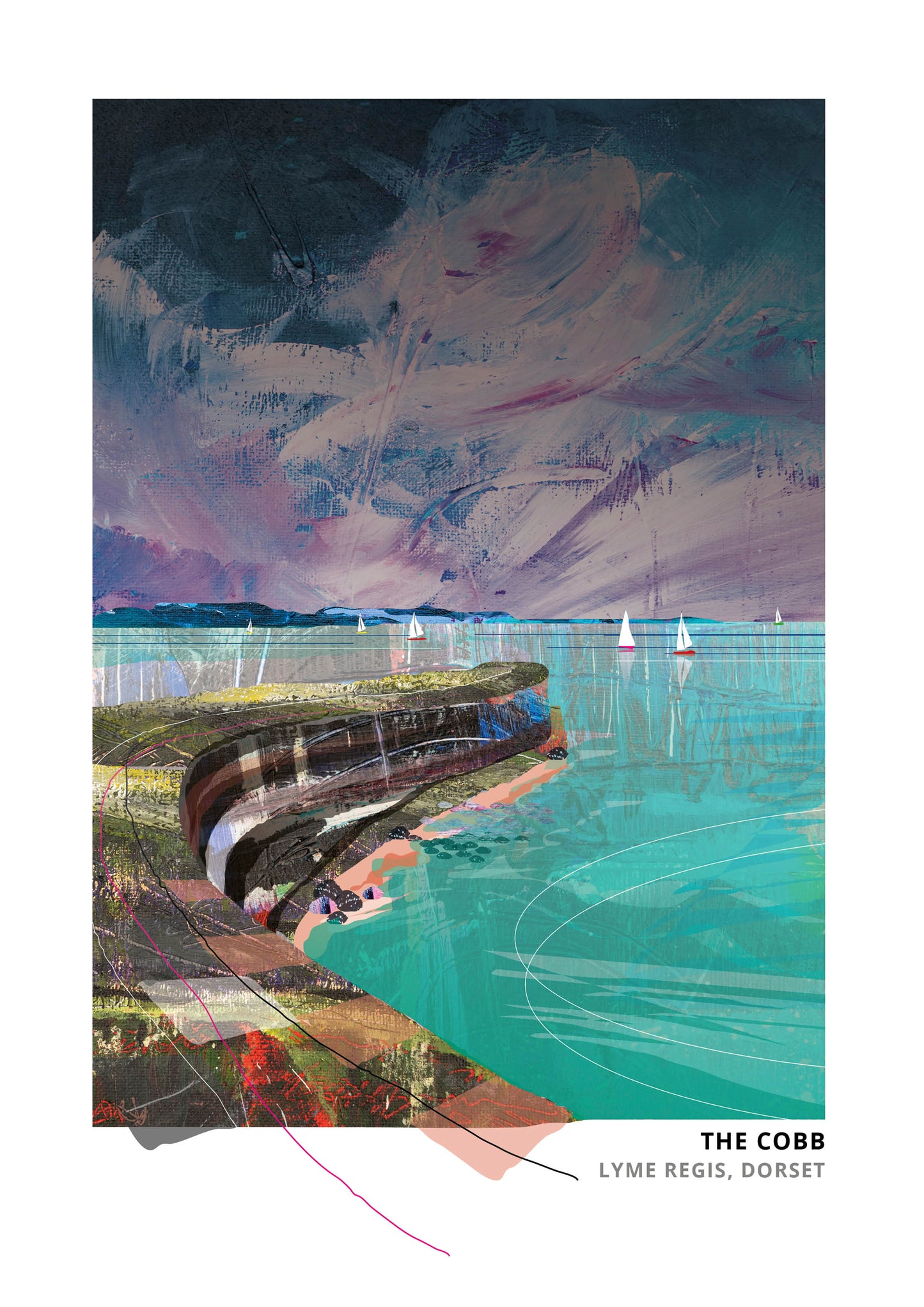 Cobb art print by Vicki Shortt, the curving harbour wall at Lyme Regis, Dorset