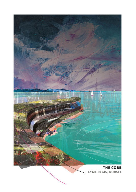 Cobb art print by Vicki Shortt, the curving harbour wall at Lyme Regis, Dorset