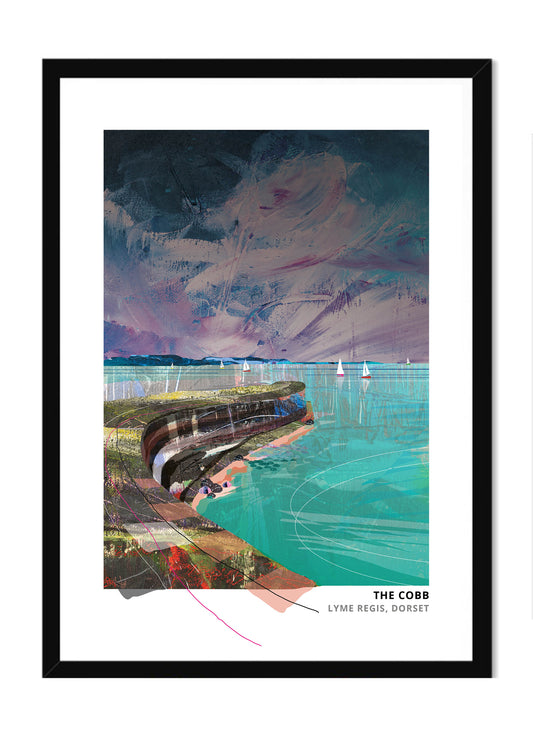 Cobb art print by Vicki Shortt, the curving harbour wall at Lyme Regis, Dorset, in a black frame