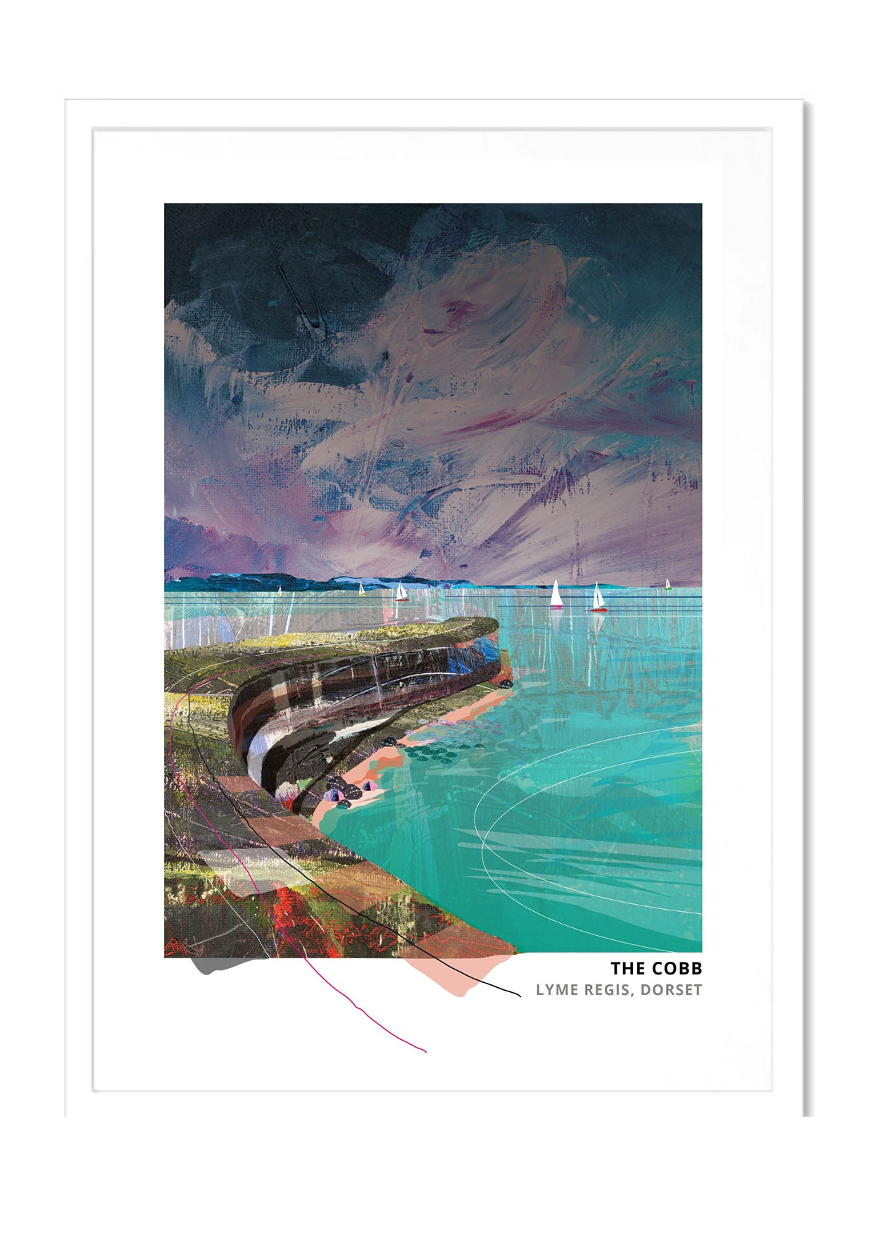 Cobb art print by Vicki Shortt, the curving harbour wall at Lyme Regis, Dorset, in a white frame