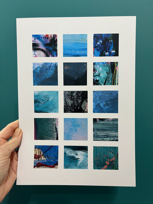 Collage Grids art prints by Vicki Shortt, Blues colourway, a grid of small abstract collage squares, held in the hand