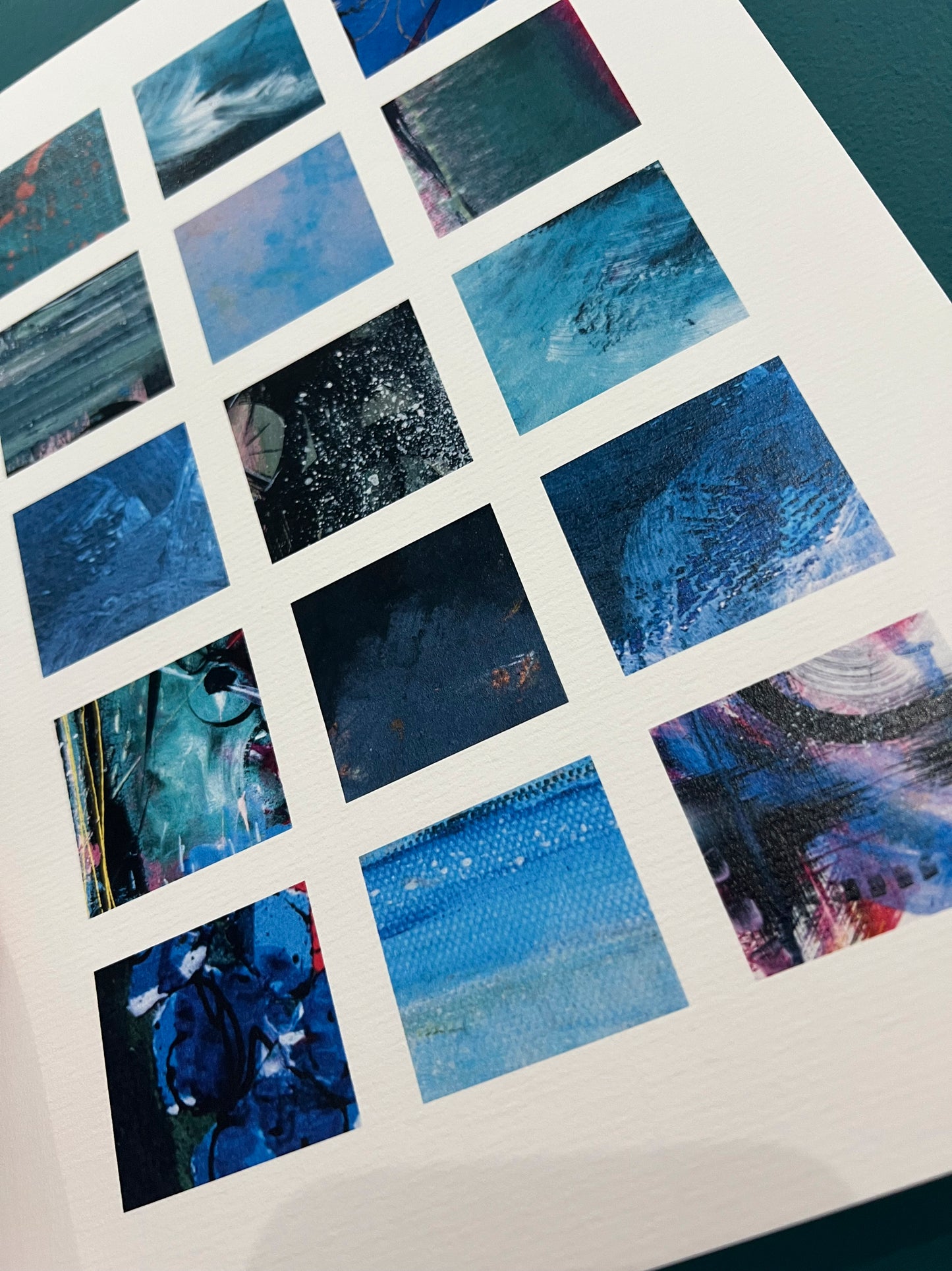 Collage Grids art prints by Vicki Shortt, Blues colourway, a grid of small abstract collage squares, a close-up of the grid