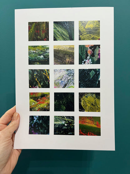 Collage Grids art prints by Vicki Shortt, Greens colourway, a grid of small abstract collage squares, held in the hand