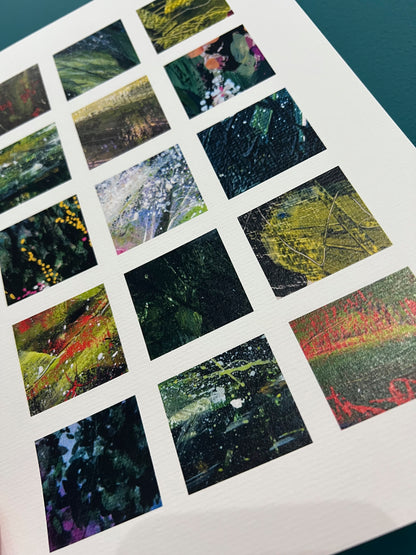 Collage Grids art prints by Vicki Shortt, Greens colourway, a grid of small abstract collage squares, a close-up of the grid