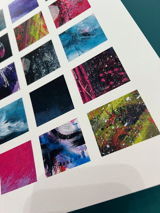 Collage Grids art prints by Vicki Shortt, a grid of small abstract collage squares