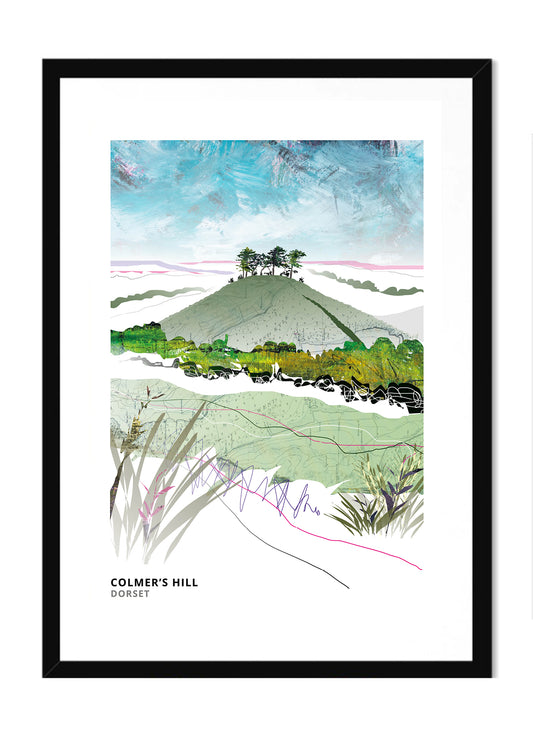 Colmer's Hill art print by Vicki Shortt, the pine-topped conical hill above Symondsbury, Dorset, in a black frame