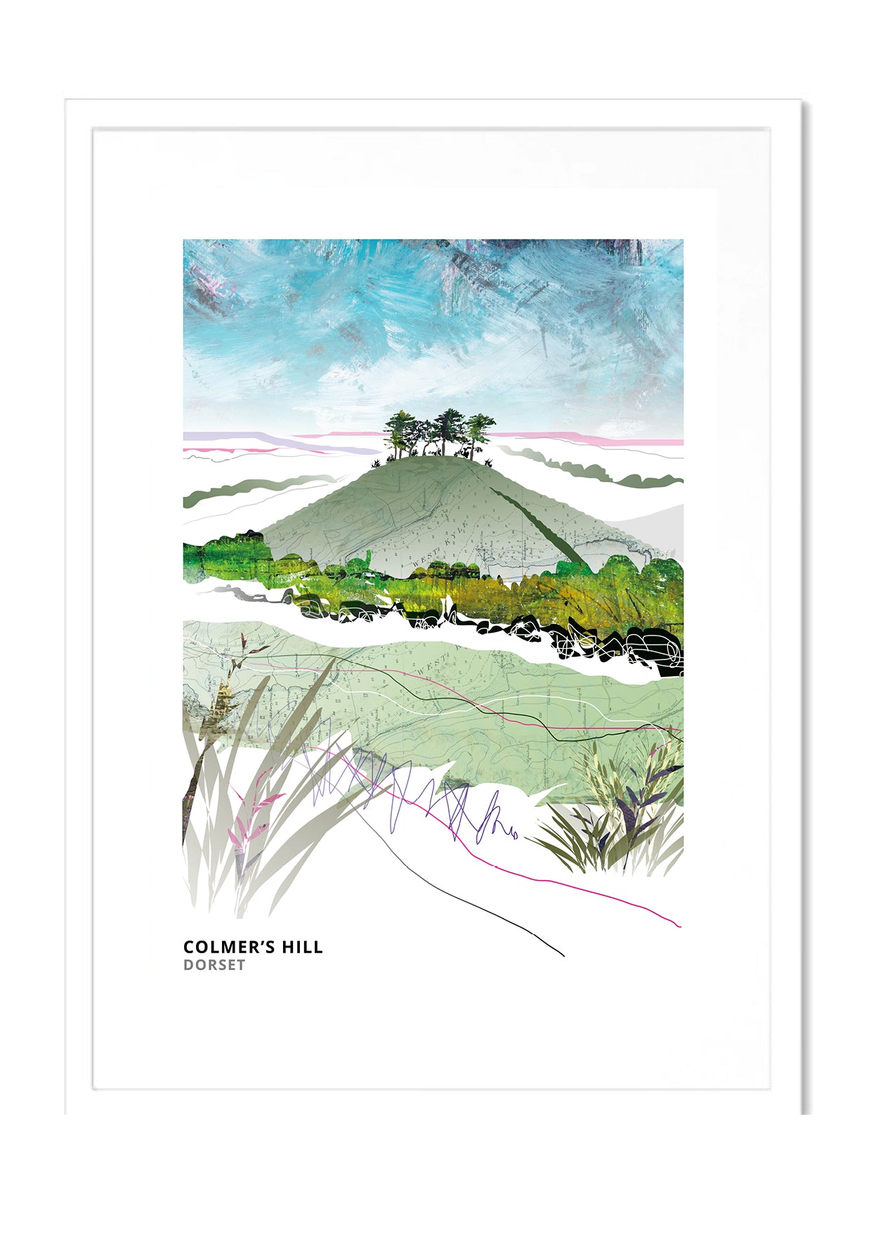 Colmer's Hill art print by Vicki Shortt, the pine-topped conical hill above Symondsbury, Dorset, in a white frame