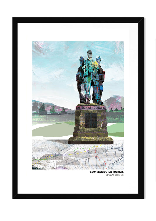 Commando Memorial art print by Vicki Shortt, the memorial to the commandos at Spean Bridge in the Scottish Highlands, in a black frame