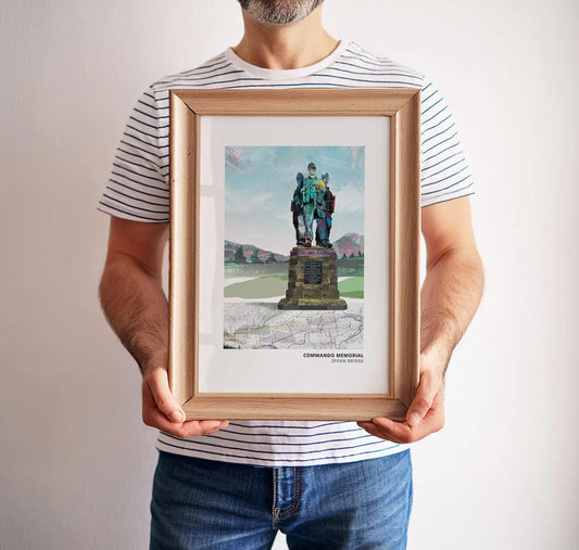 Commando Memorial art print by Vicki Shortt, the memorial to the commandos at Spean Bridge in the Scottish Highlands, framed in a room setting