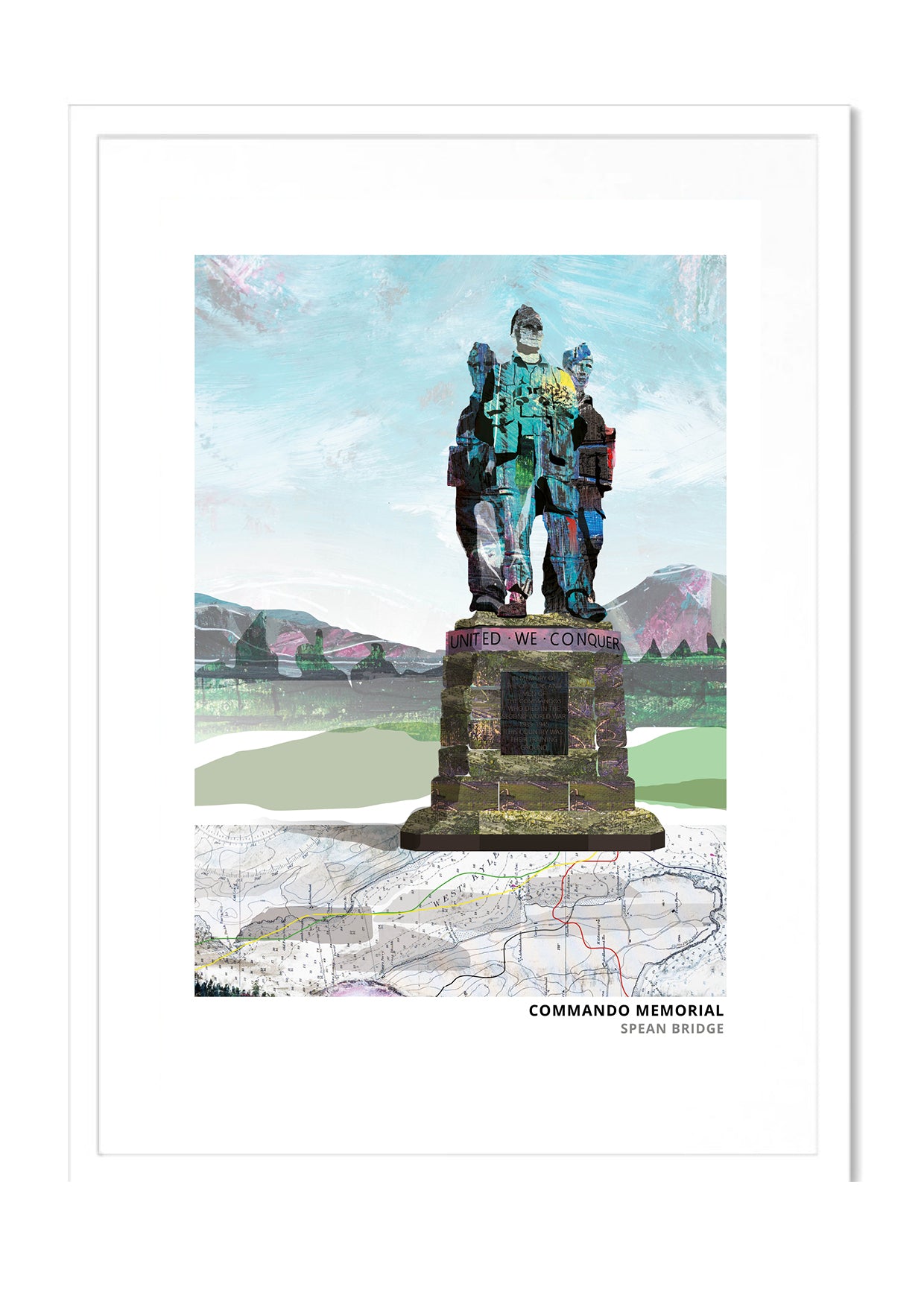 Commando Memorial art print by Vicki Shortt, the memorial to the commandos at Spean Bridge in the Scottish Highlands, in a white frame