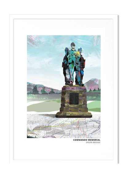 Commando Memorial art print by Vicki Shortt, the memorial to the commandos at Spean Bridge in the Scottish Highlands, in a white frame