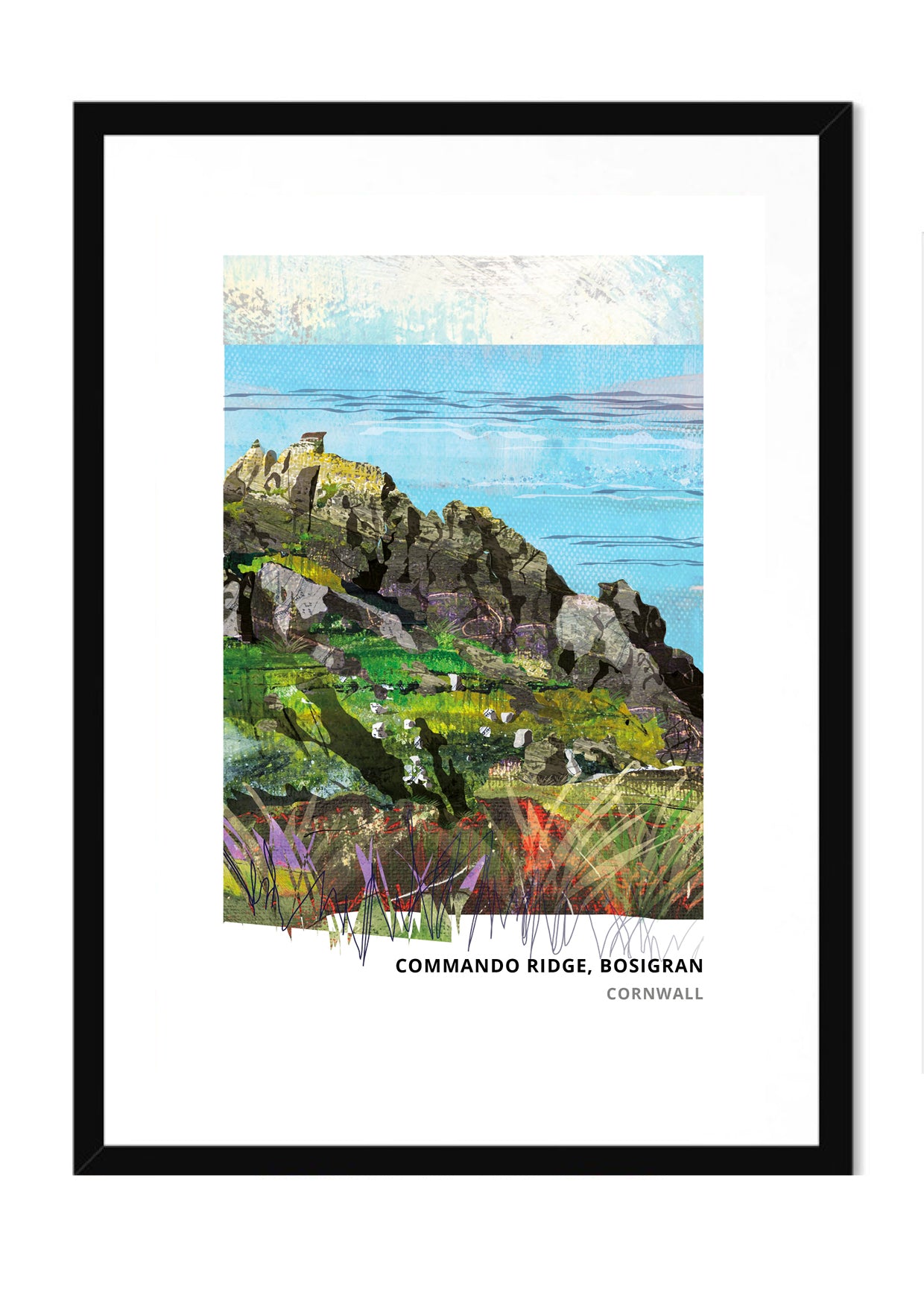 Commando Ridge art print by Vicki Shortt, the Royal Marines climbing ridge at Bosigran, Cornwall, in a black frame