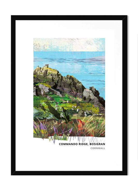 Commando Ridge art print by Vicki Shortt, the Royal Marines climbing ridge at Bosigran, Cornwall, in a black frame