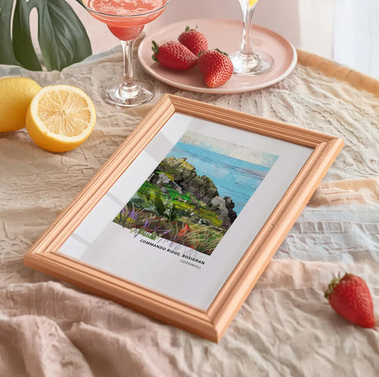 Commando Ridge art print by Vicki Shortt, the Royal Marines climbing ridge at Bosigran, Cornwall, framed in a room setting