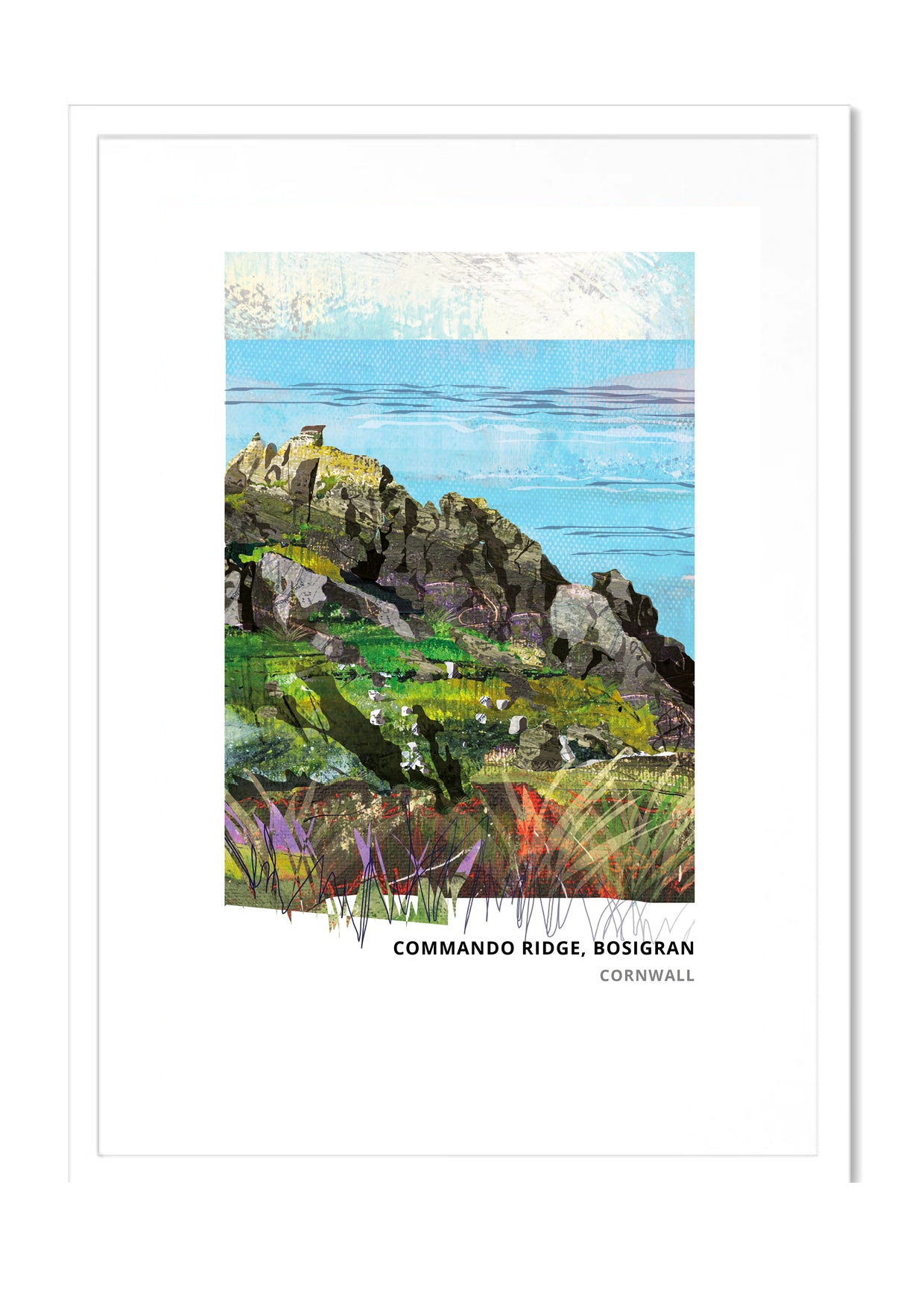 Commando Ridge art print by Vicki Shortt, the Royal Marines climbing ridge at Bosigran, Cornwall, in a white frame