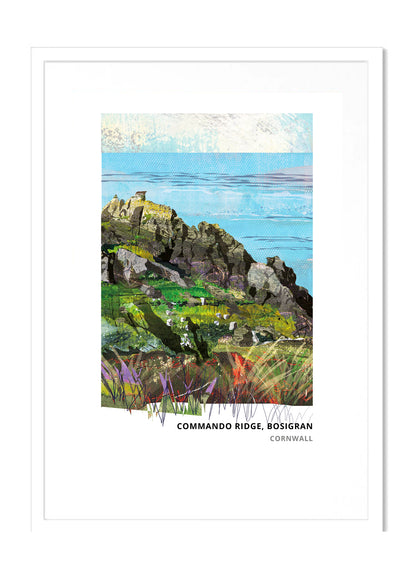 Commando Ridge art print by Vicki Shortt, the Royal Marines climbing ridge at Bosigran, Cornwall, in a white frame