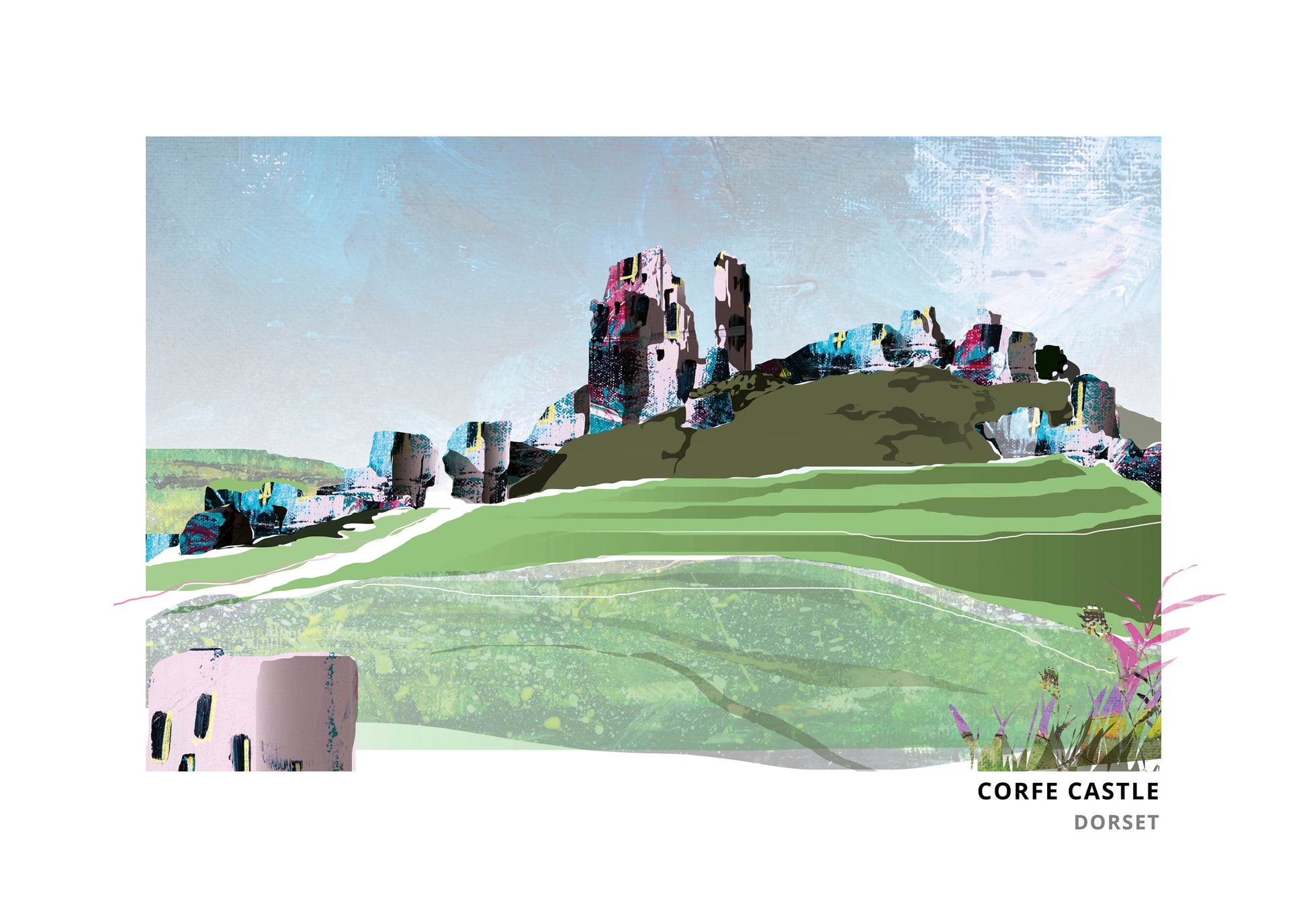 Corfe Castle art print by Vicki Shortt, the ruined castle above the village of Corfe, Dorset