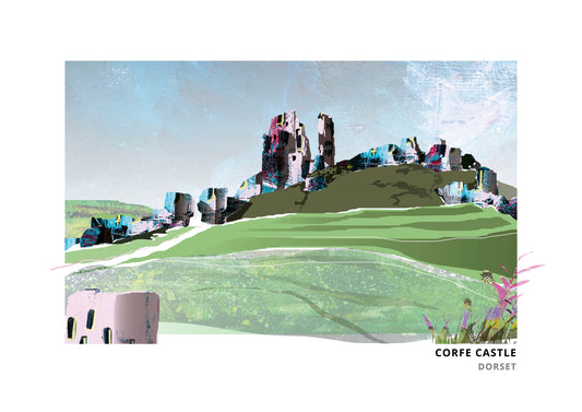 Corfe Castle art print by Vicki Shortt, the ruined castle above the village of Corfe, Dorset