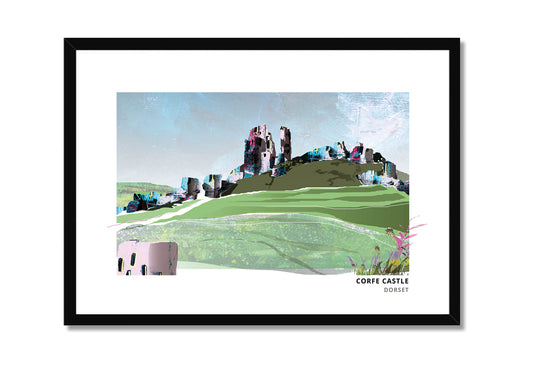 Corfe Castle art print by Vicki Shortt, the ruined castle above the village of Corfe, Dorset, in a black frame