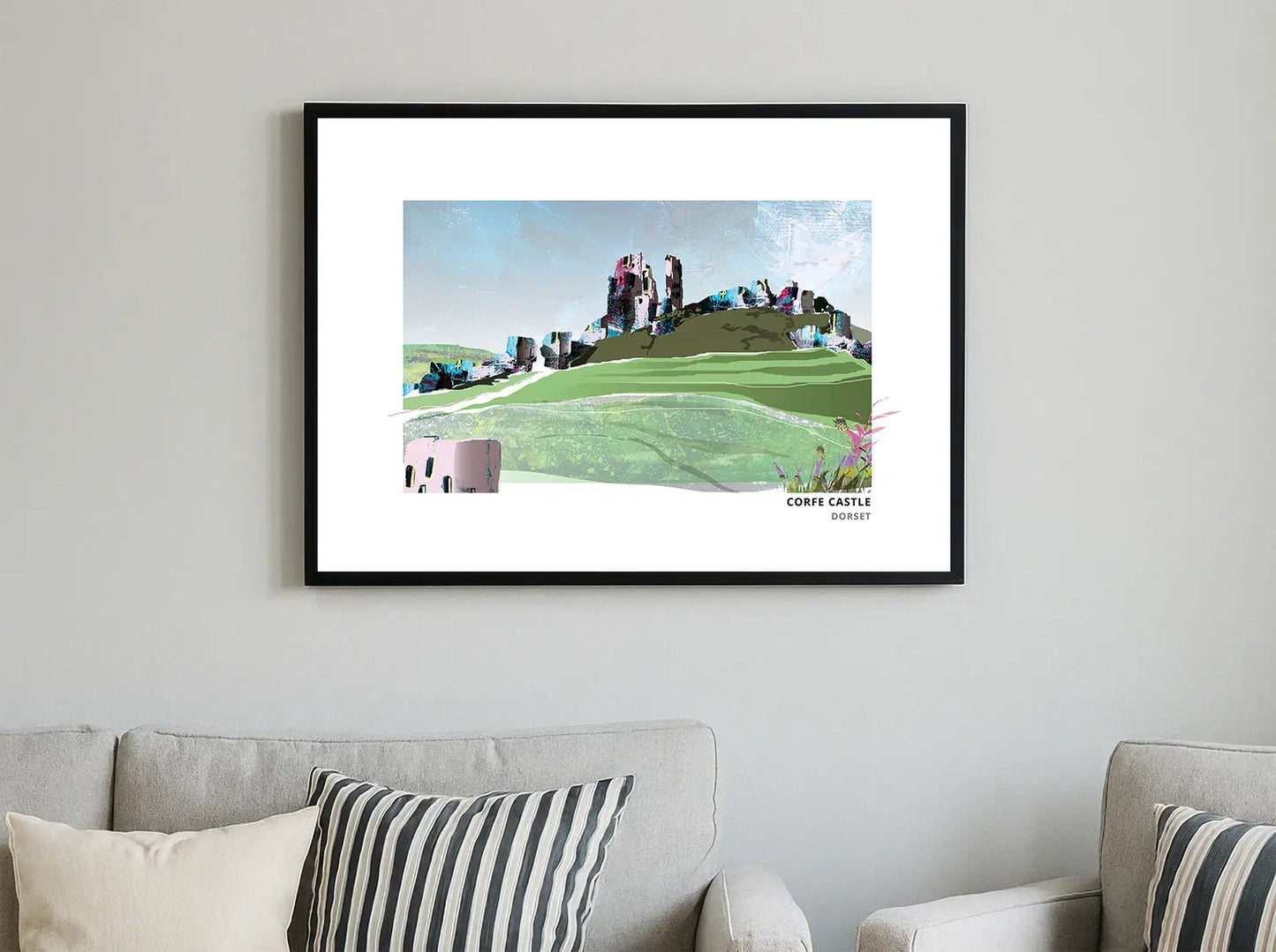 Corfe Castle art print by Vicki Shortt, the ruined castle above the village of Corfe, Dorset, framed in a room setting