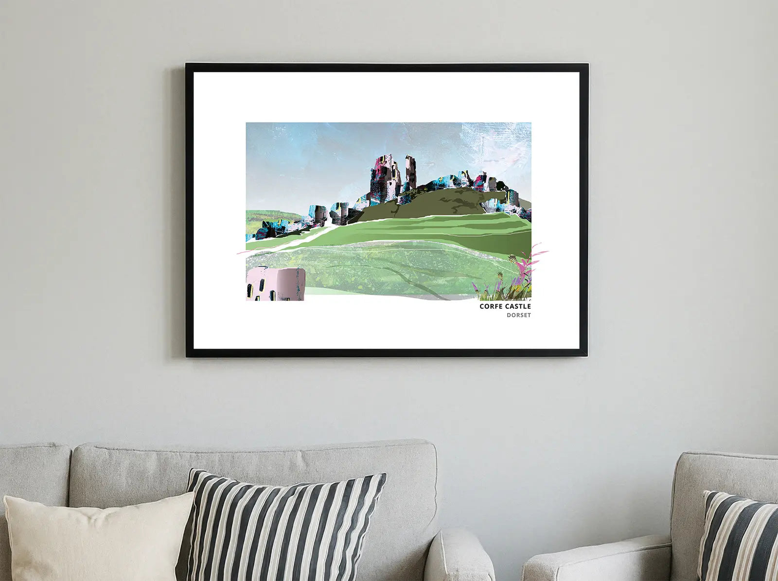 Corfe Castle art print by Vicki Shortt, the ruined castle above the village of Corfe, Dorset, framed in a room setting