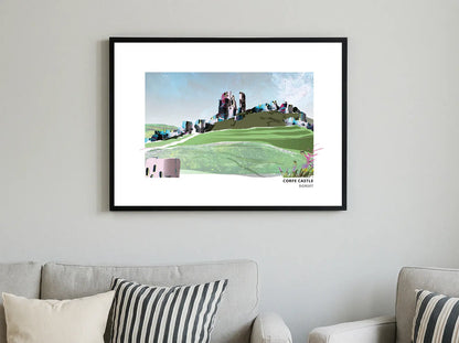 Corfe Castle art print by Vicki Shortt, the ruined castle above the village of Corfe, Dorset, framed in a room setting