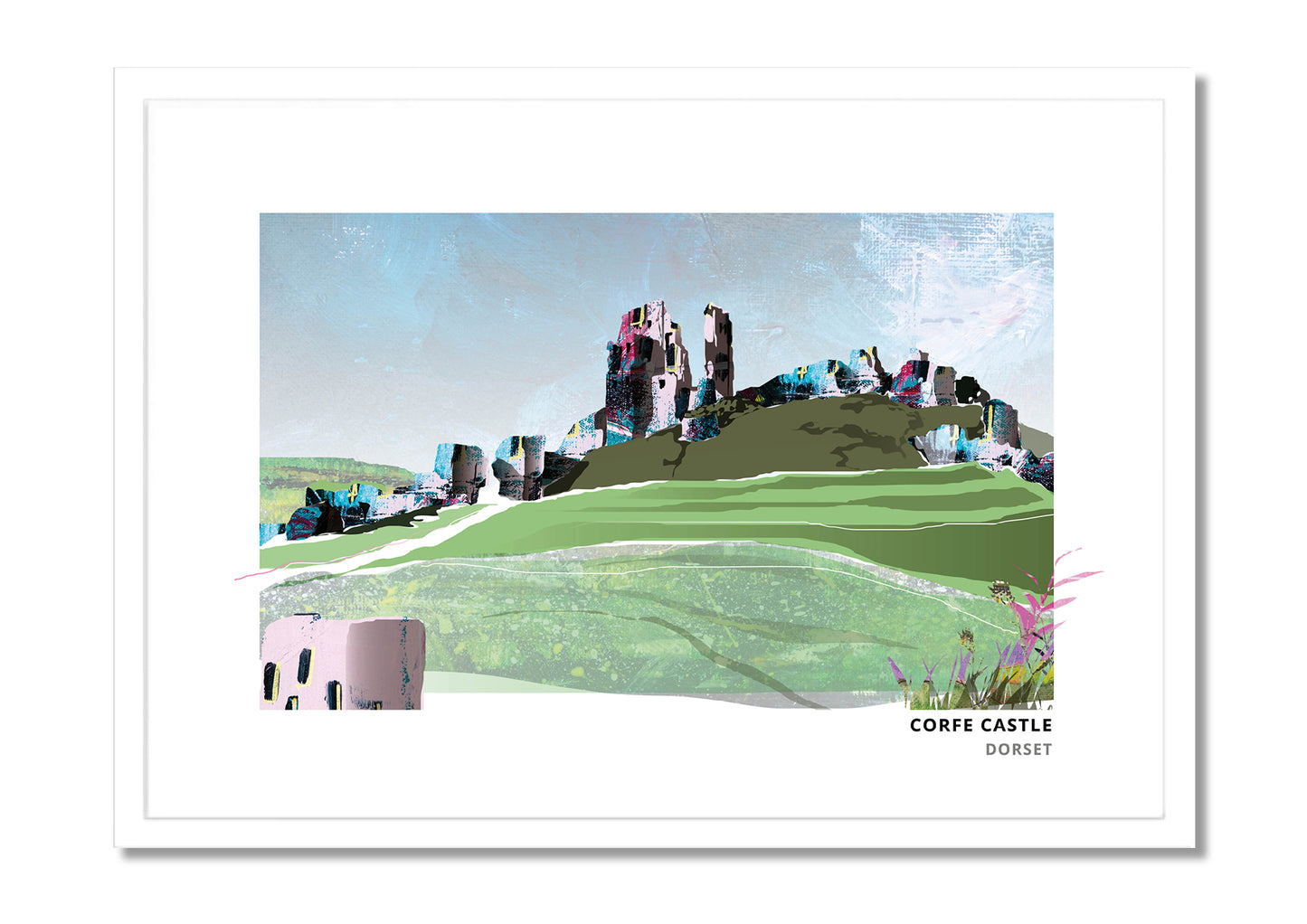 Corfe Castle art print by Vicki Shortt, the ruined castle above the village of Corfe, Dorset, in a white frame