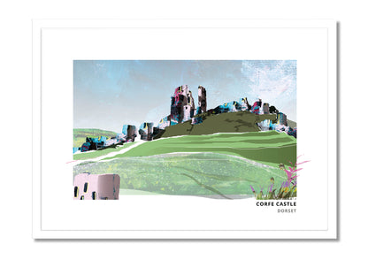 Corfe Castle art print by Vicki Shortt, the ruined castle above the village of Corfe, Dorset, in a white frame