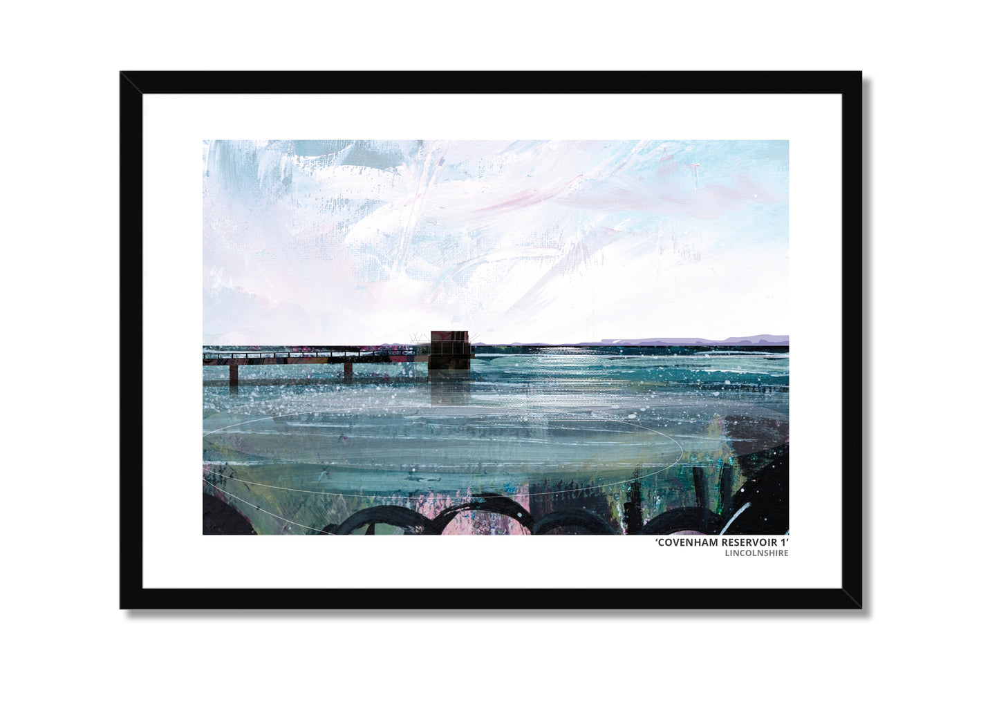 Covenham Reservoir art prints by Vicki Shortt, Design 1, the bank and open water of Covenham Reservoir, Lincolnshire, in a black frame