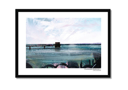 Covenham Reservoir art prints by Vicki Shortt, Design 1, the bank and open water of Covenham Reservoir, Lincolnshire, in a black frame