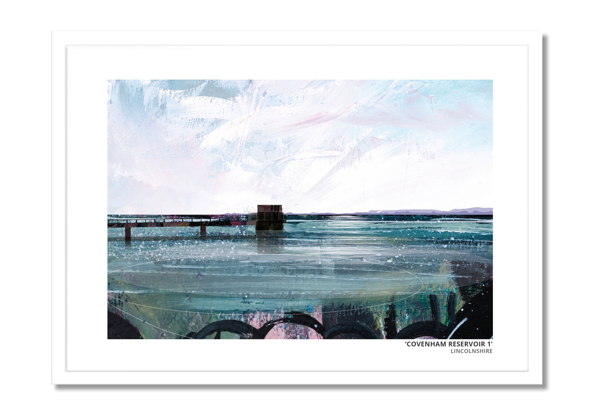 Covenham Reservoir art prints by Vicki Shortt, Design 1, the bank and open water of Covenham Reservoir, Lincolnshire, in a white frame