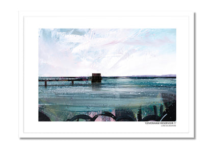 Covenham Reservoir art prints by Vicki Shortt, Design 1, the bank and open water of Covenham Reservoir, Lincolnshire, in a white frame