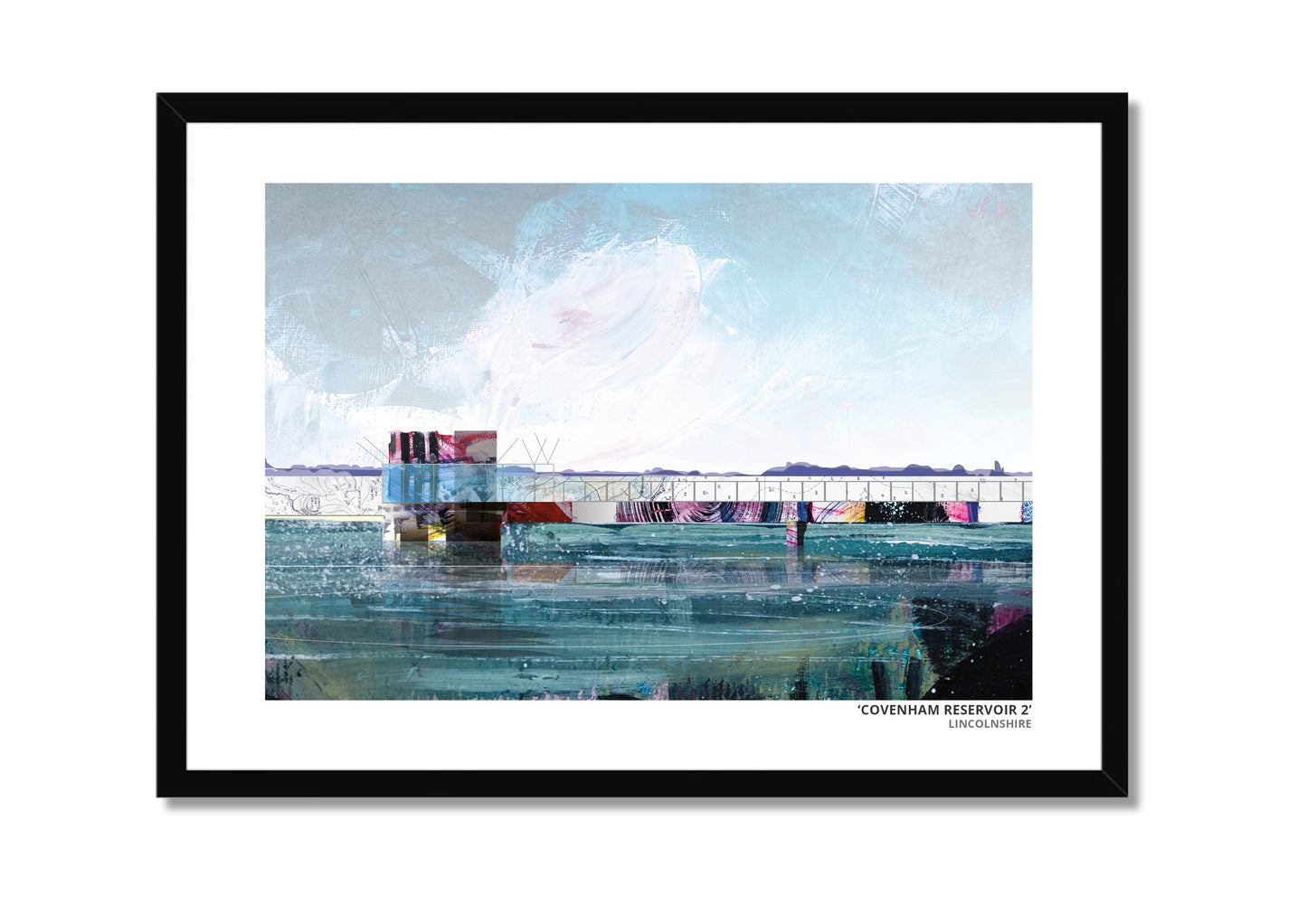Covenham Reservoir art prints by Vicki Shortt, Design 2, the bank and open water of Covenham Reservoir, Lincolnshire, in a black frame