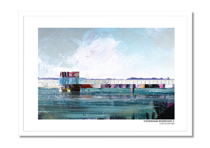 Covenham Reservoir art prints by Vicki Shortt, Design 2, the bank and open water of Covenham Reservoir, Lincolnshire, in a white frame