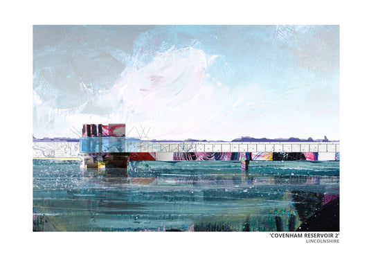 Covenham Reservoir art prints by Vicki Shortt, the bank and open water of Covenham Reservoir, Lincolnshire