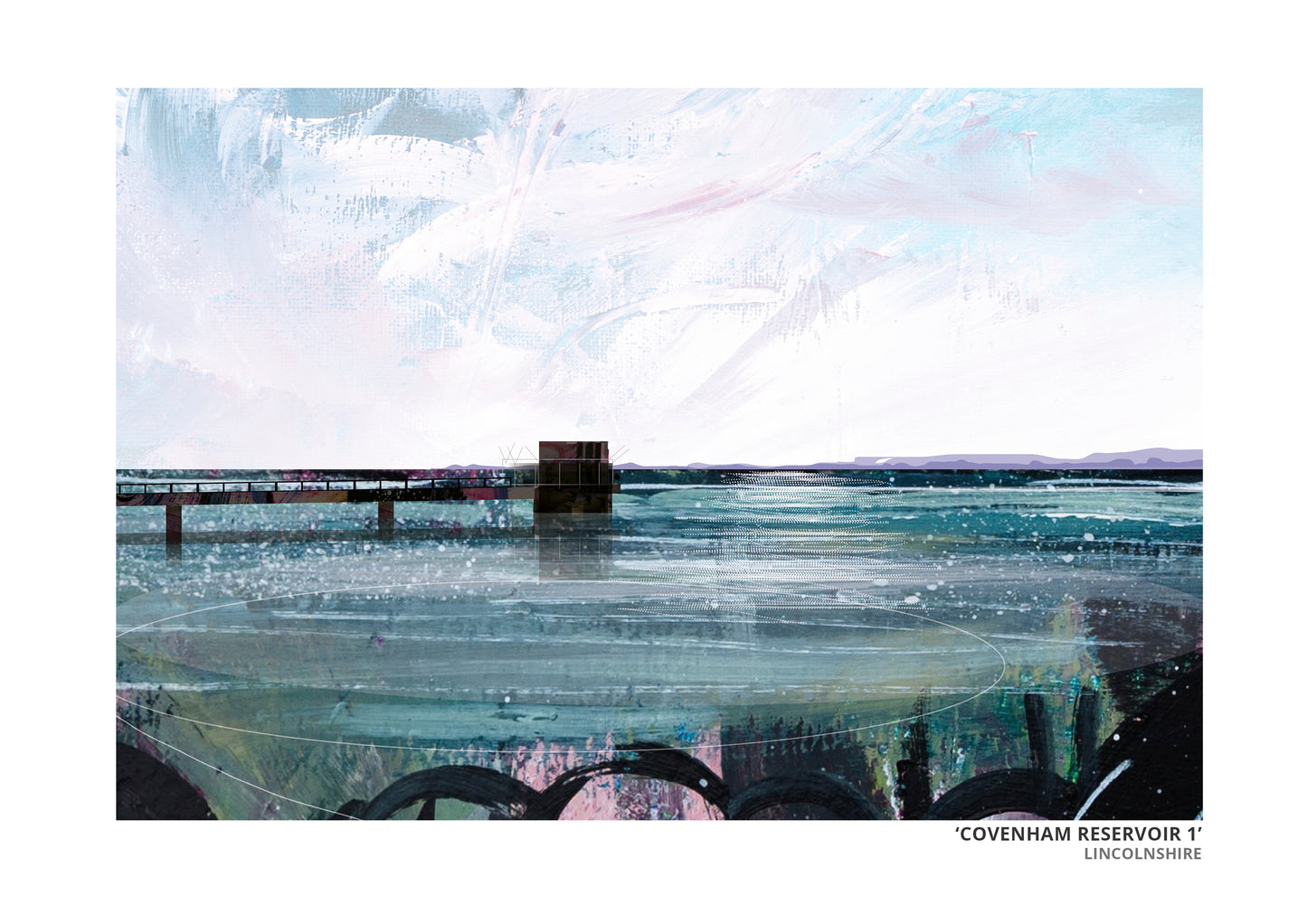Covenham Reservoir original artwork by Vicki Shortt, the bank and open water of Covenham Reservoir, Lincolnshire