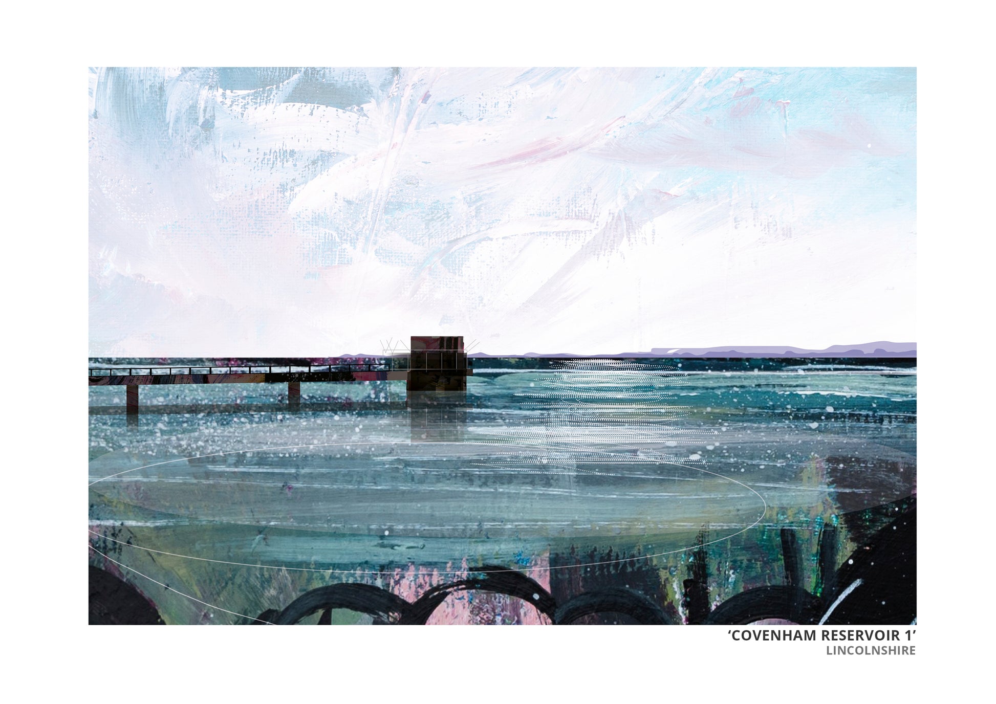 Covenham Reservoir original artwork by Vicki Shortt, the bank and open water of Covenham Reservoir, Lincolnshire