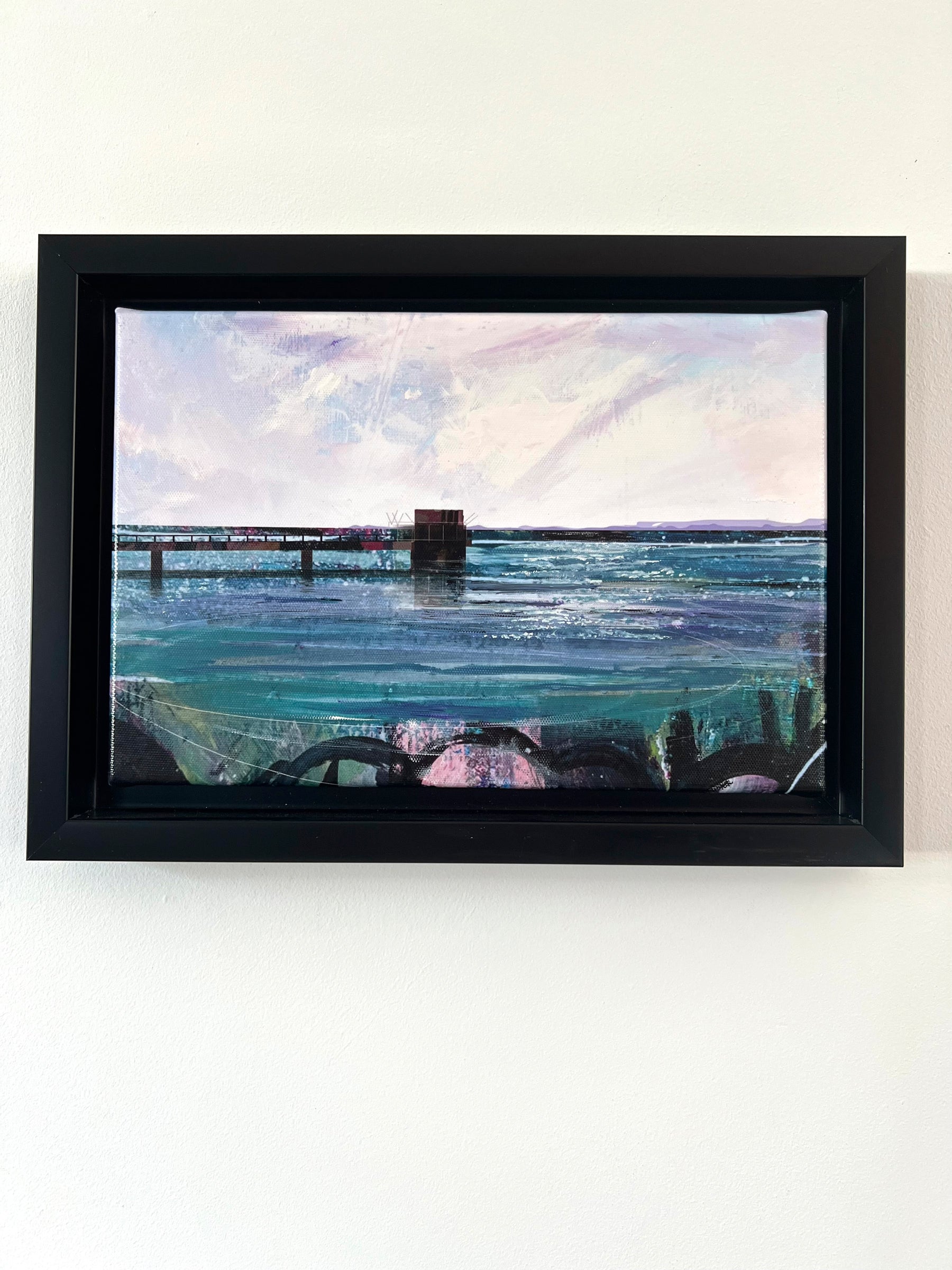 Covenham Reservoir original artwork by Vicki Shortt, the bank and open water of Covenham Reservoir, Lincolnshire, the original as a framed canvas