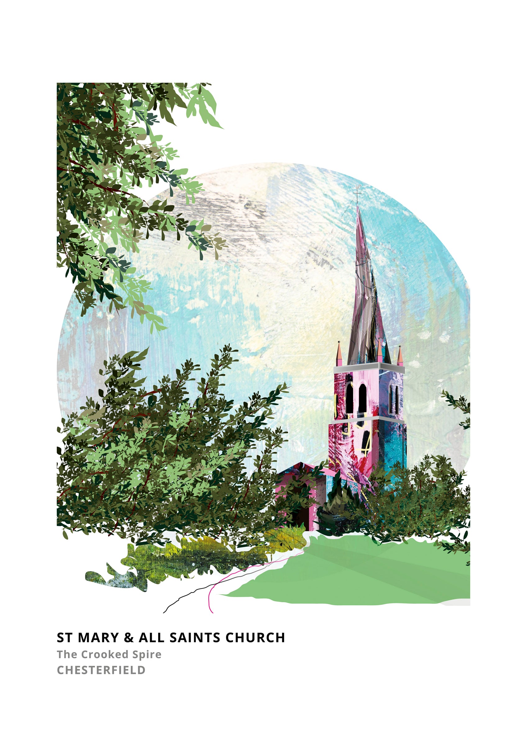 Crooked Spire Chesterfield art print by Vicki Shortt, the twisted spire of St Mary and All Saints Church, Chesterfield
