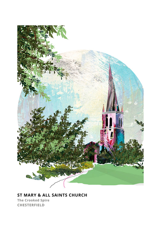 Crooked Spire Chesterfield art print by Vicki Shortt, the twisted spire of St Mary and All Saints Church, Chesterfield