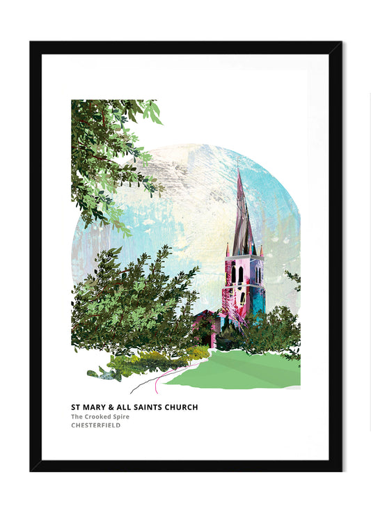 Crooked Spire Chesterfield art print by Vicki Shortt, the twisted spire of St Mary and All Saints Church, Chesterfield, in a black frame