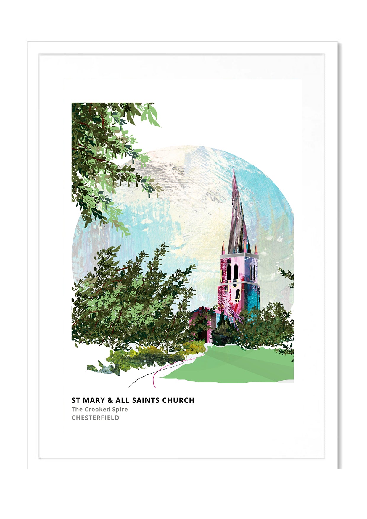 Crooked Spire Chesterfield art print by Vicki Shortt, the twisted spire of St Mary and All Saints Church, Chesterfield, in a white frame