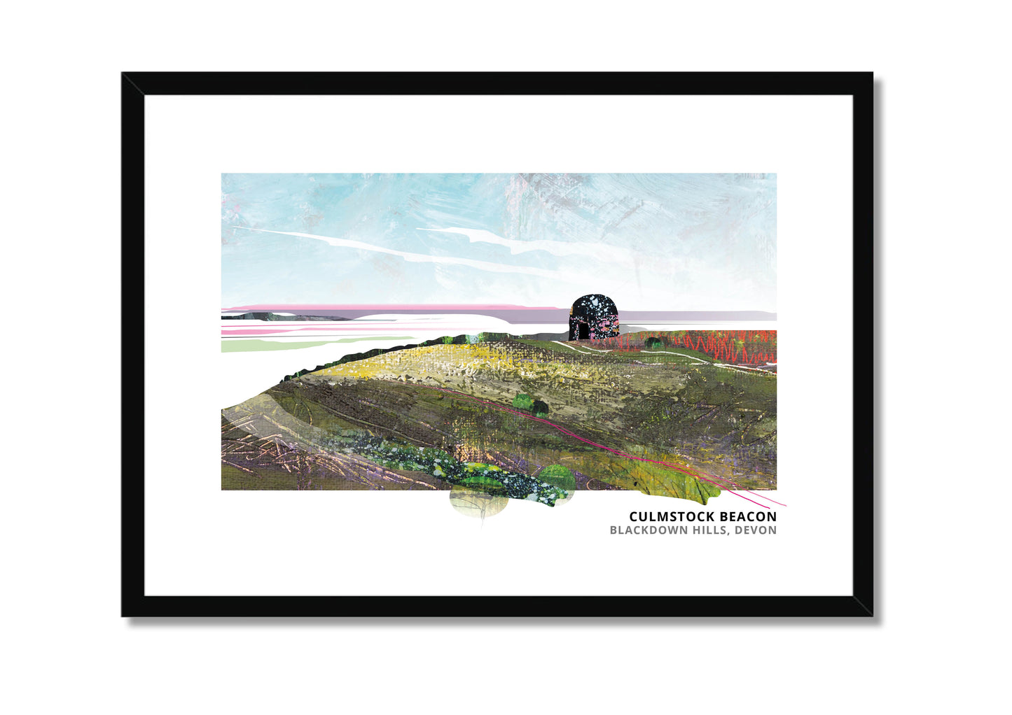 Culmstock Beacon art print by Vicki Shortt, the beacon hut on the Blackdown Hills, Devon, in a black frame