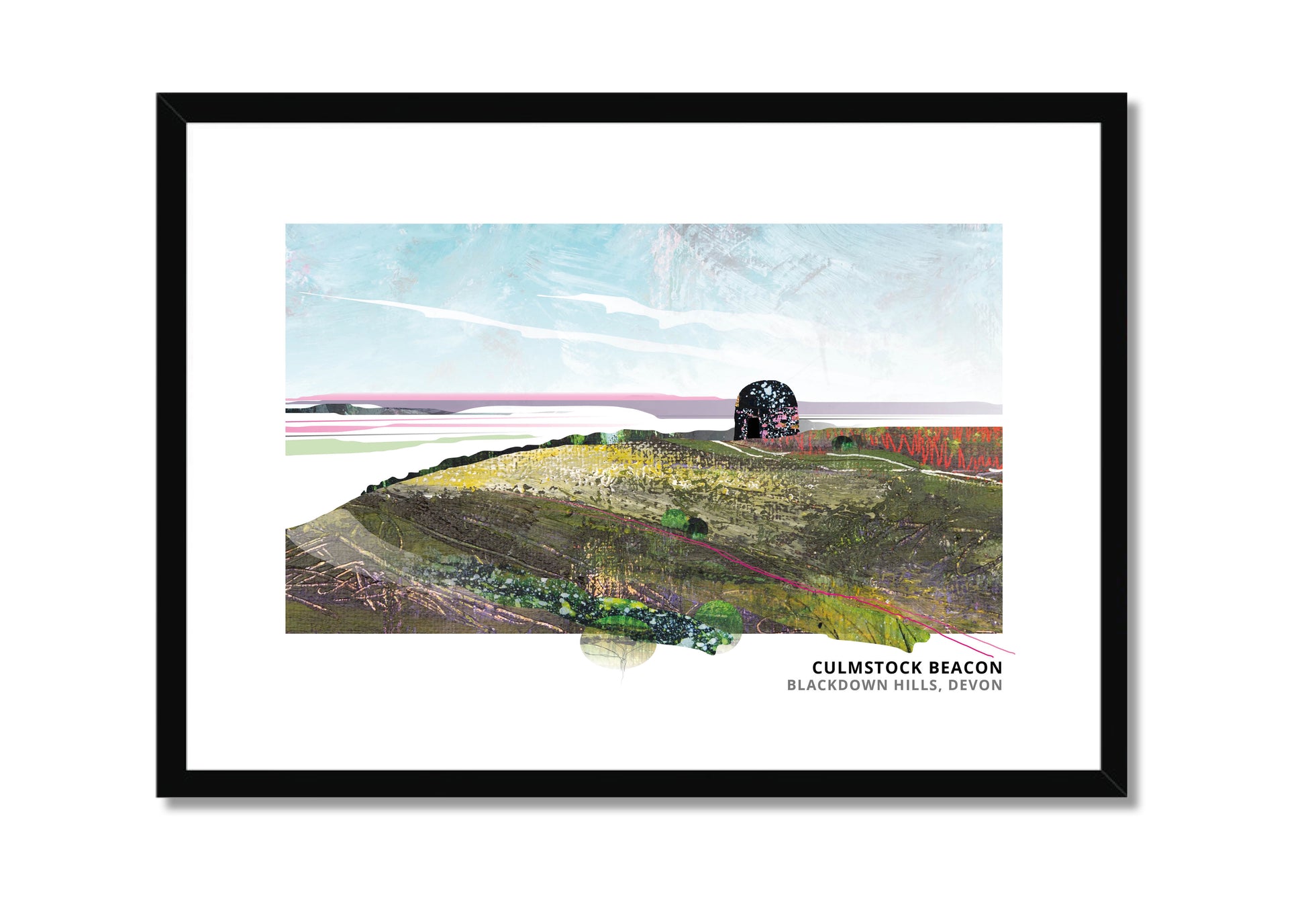 Culmstock Beacon art print by Vicki Shortt, the beacon hut on the Blackdown Hills, Devon, in a black frame