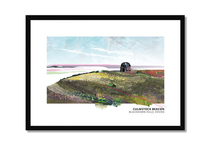 Culmstock Beacon art print by Vicki Shortt, the beacon hut on the Blackdown Hills, Devon, in a black frame