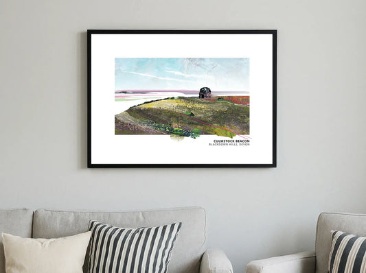 Culmstock Beacon art print by Vicki Shortt, the beacon hut on the Blackdown Hills, Devon, framed in a room setting